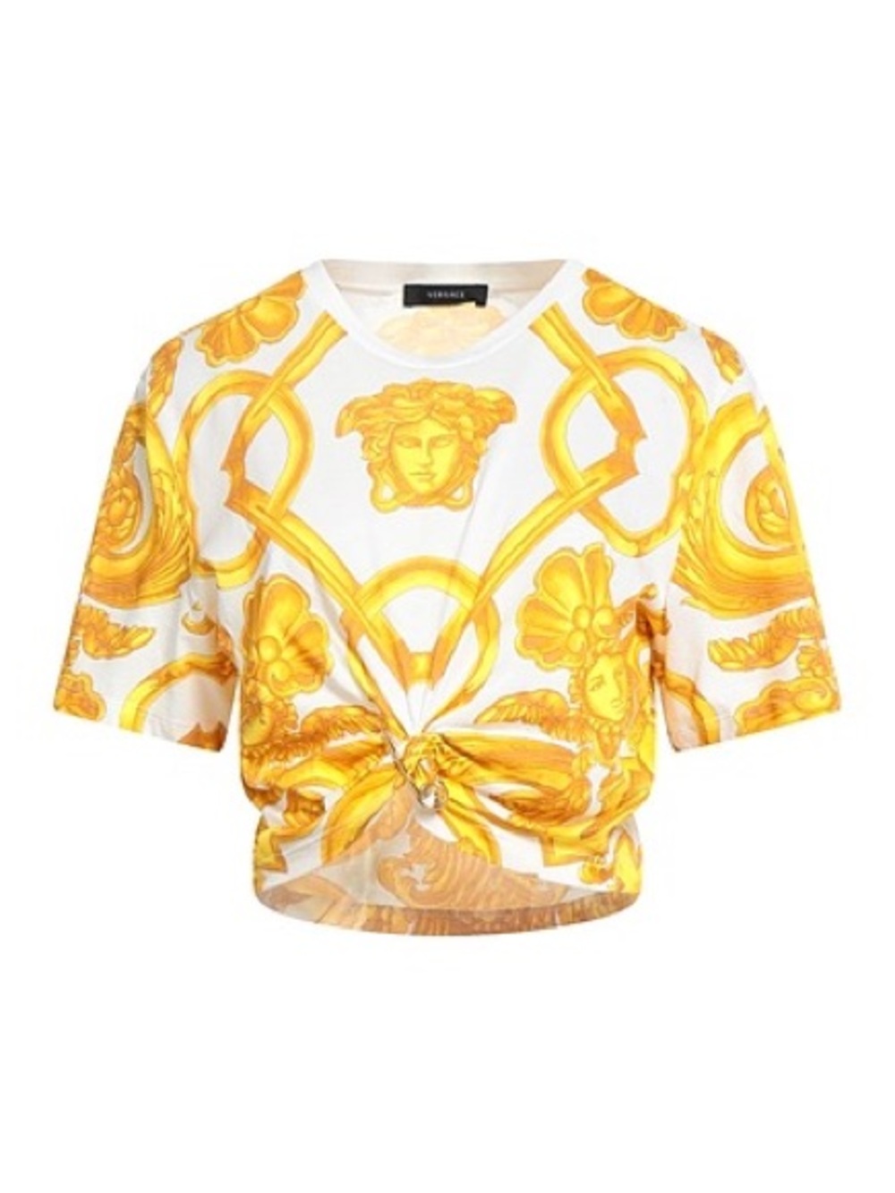 Versace Baroque Women's Knot-Front Cropped  T-shirt with Medusa Pin, 38/XS NWT